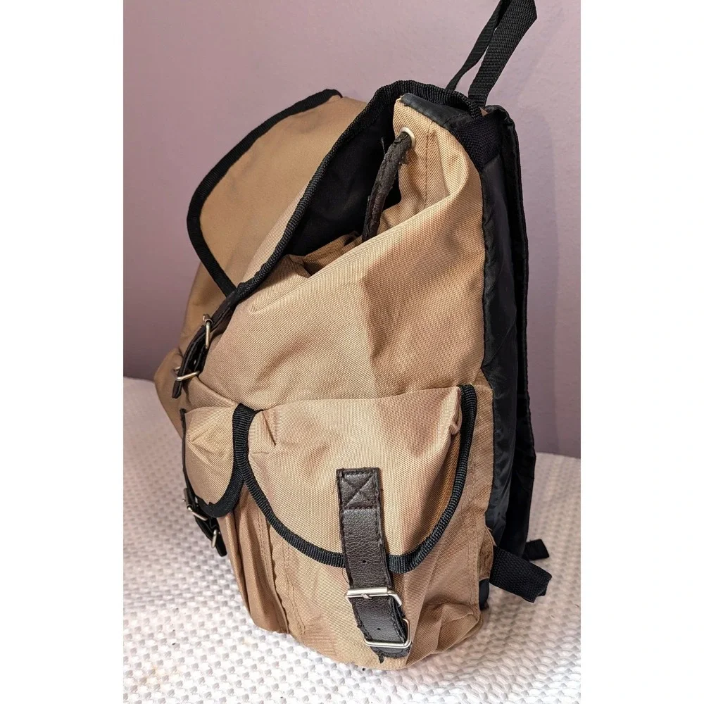 Vintage Sierra Club Backpack Tan Nylon Canvas Faux Leather Logo 14x6.5x10 inches